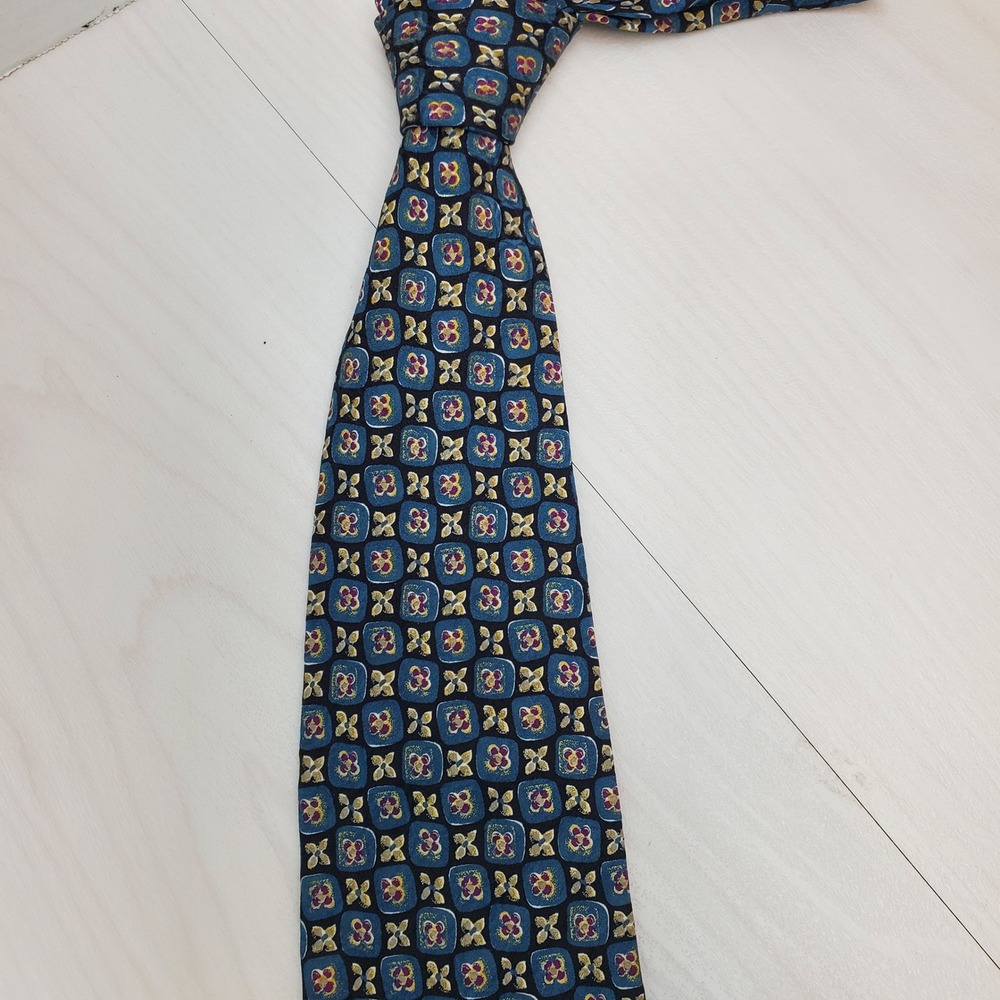 Saliari Mens Silk Tie Blue Gold Purple Geometric Floral Handmade Italy Classic